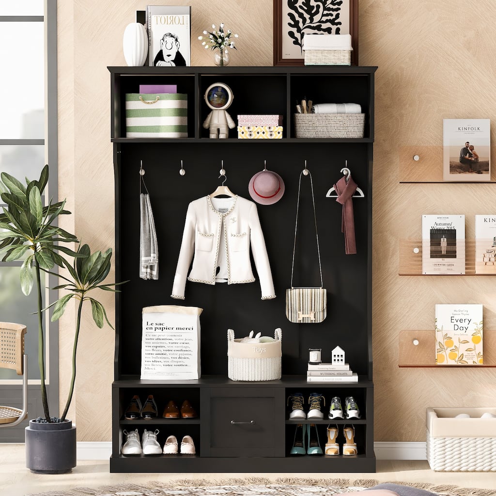 Modern Hall Tree Cabinet with Adjustable Shelves, Storage Cabinet Coat Rack with Spacious Drawer & Bench