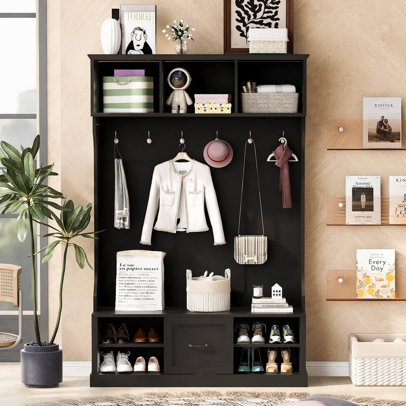 Storage Bench with Shoe Rack 57" Hall Tree Wood Coat Tree with 6 Hooks, Open Coat Hanger for Entrance, Living Room