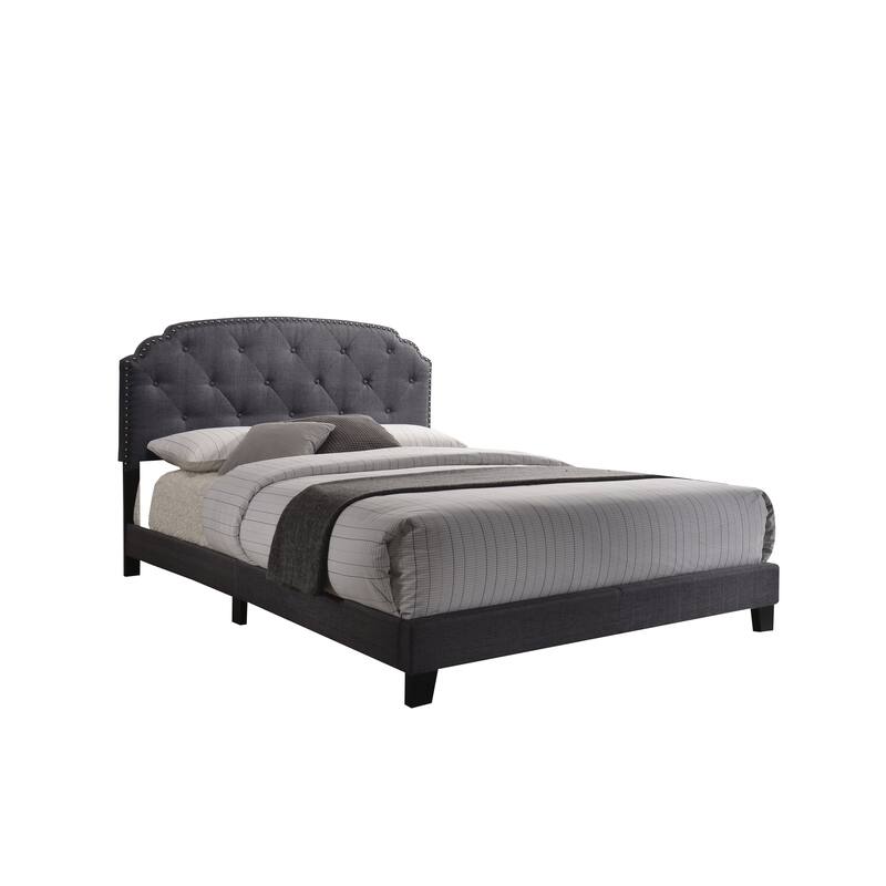Queen Size Gray Fabric Bed with Arched Headboard and Low-Profile Footboard