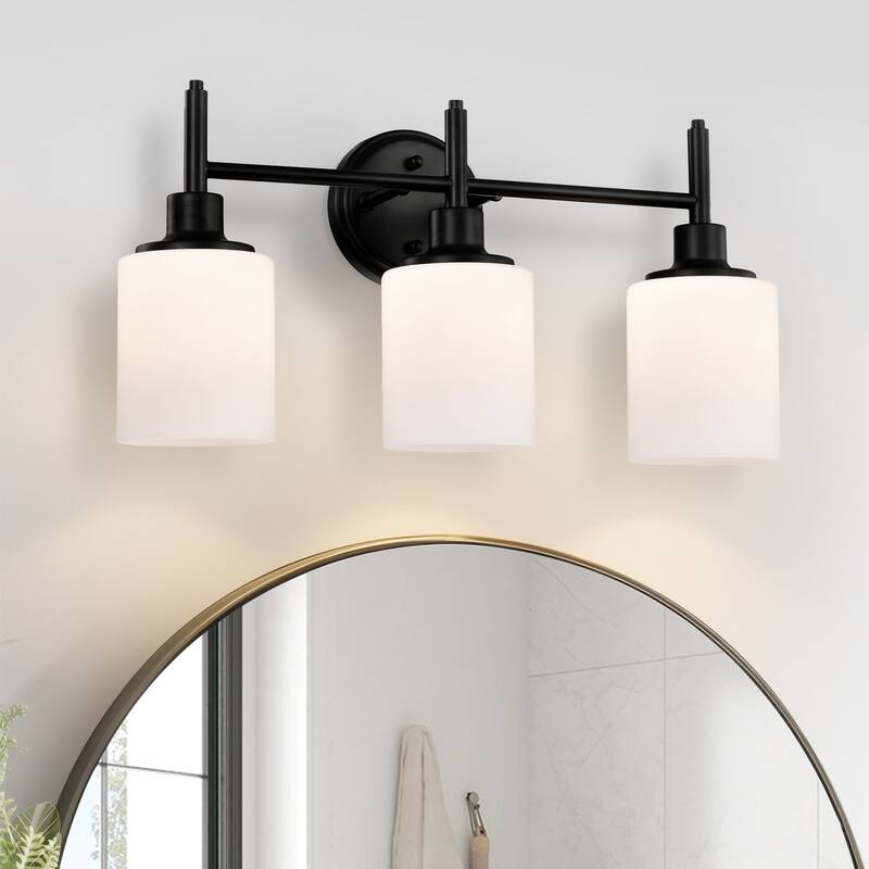 21 in. 3-Light Matte Black Finish Vanity Light with White Glass Shades - 21.6 in. L x 6.75 in. W x 10.6 in. H - 21.6 in. L x 6.75 in. W x 10.6 in. H - Matte Black