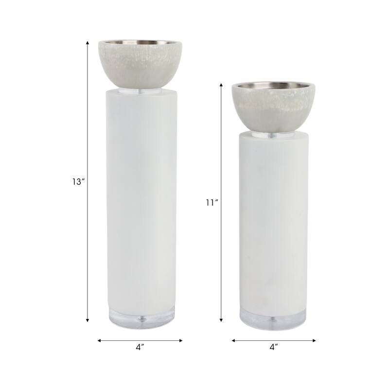 Candle Holders Set of 2 - White Resin Cylinder, 11/13" - 12.5"