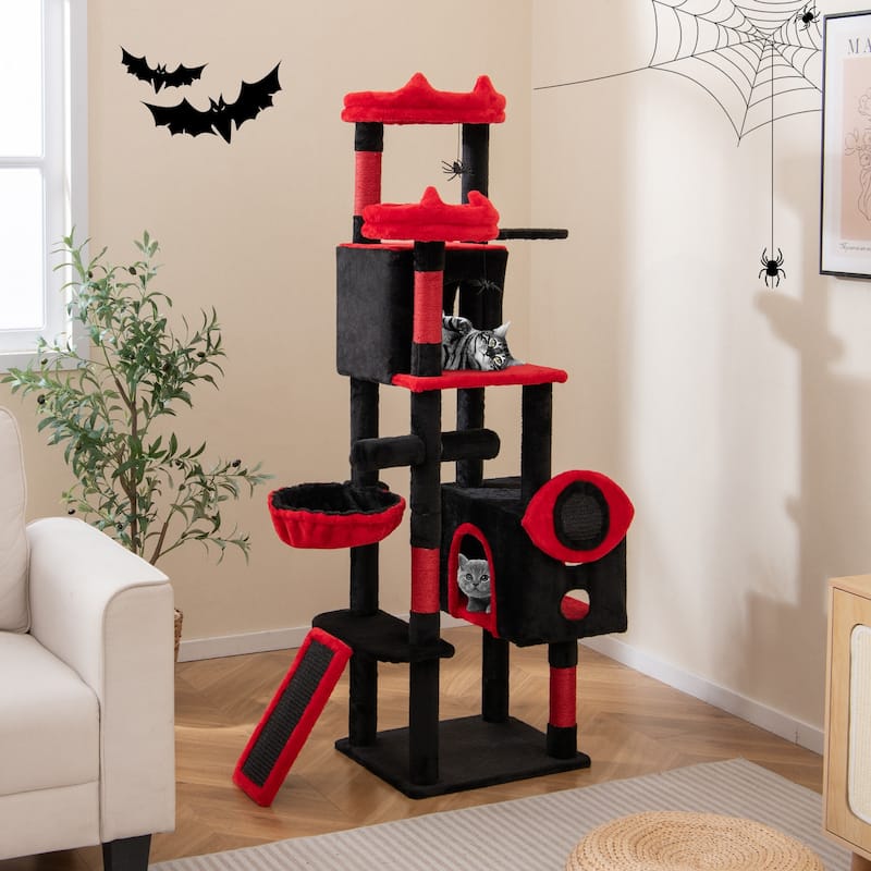 Black and Red Gothic Cat Tree Tower with Condos Perches Hammock and Scratching Posts Multi Level Cat