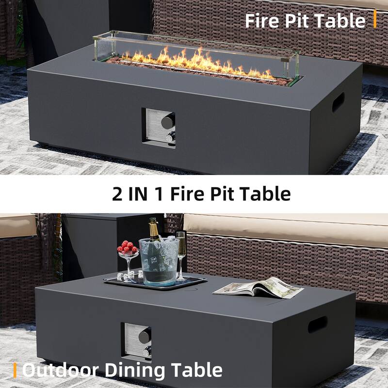 Patio Watcher iron outdoor fire pit table with gas tank cover, lid, and glass wind guard