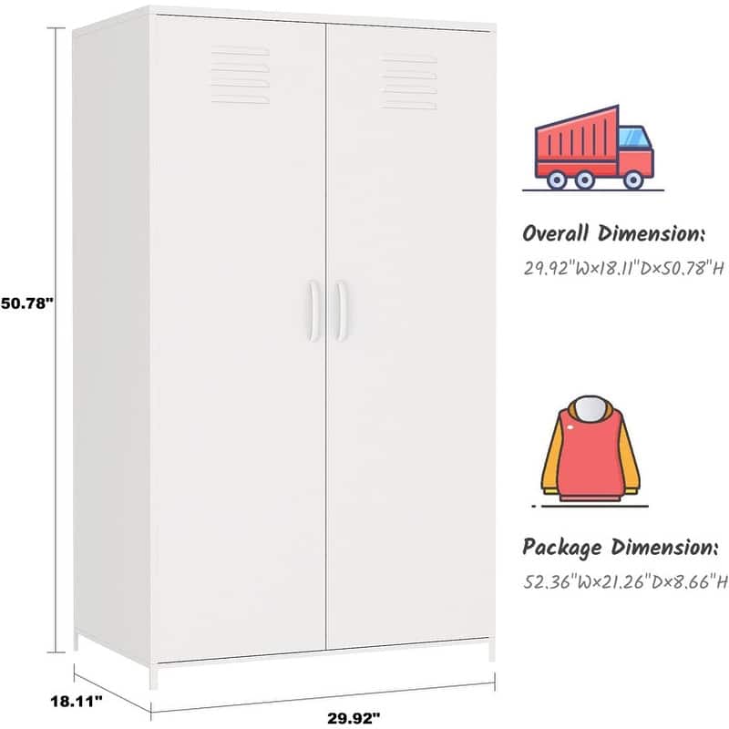 Double Doors Metal Locker Cabinet Storage with Hanging Rod and Shelves for Bedroom School Classroom - White