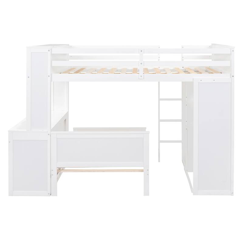 Space-Saving Full Size Loft Bed with Twin Bed, Shelves, Desk, and Wardrobe in White