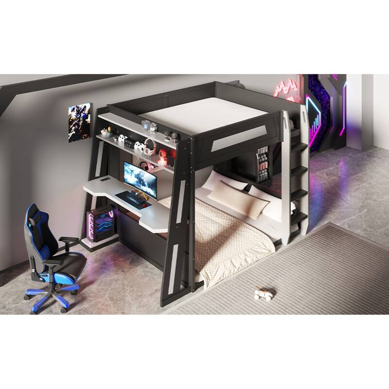 Roomfitters Queen Over Queen Gaming Bunk Bed with Desk, Storage Shelves and LED