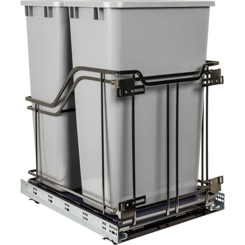 Hardware Resources 15" Bottom Mount Double Bin Pull Out Trash Can with - Black Nickel / Grey