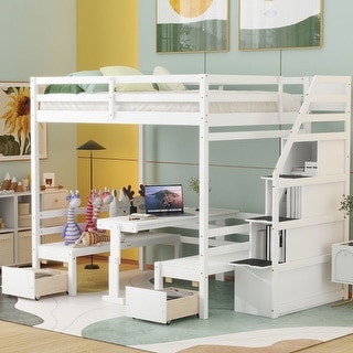 White Full Size Pine Wood Convertible Bunk Bed with Storage Staircase and Drawer, Down Bed Converts to Seats and Table Set