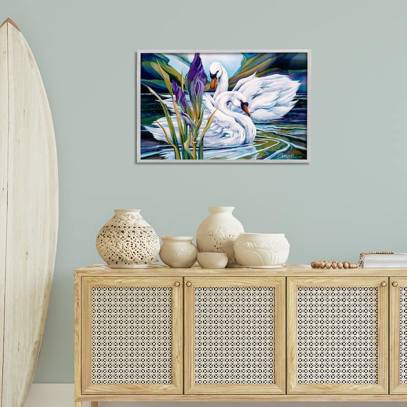 Stupell Swans with Abstract Pond Ripples Framed Giclee Art Design By Jody Bergsma