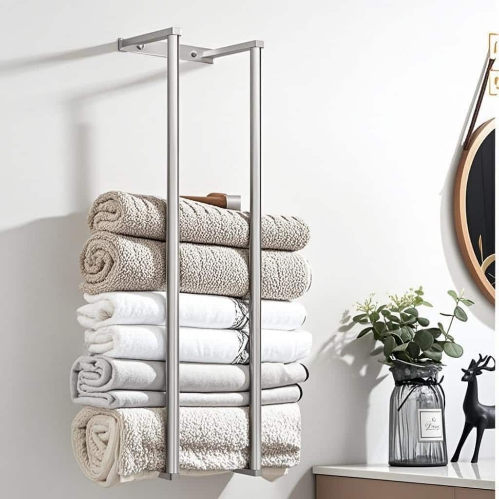 304 stainless steel bathroom wall mounted towel rack with hooks for storing towels, bathrobes.