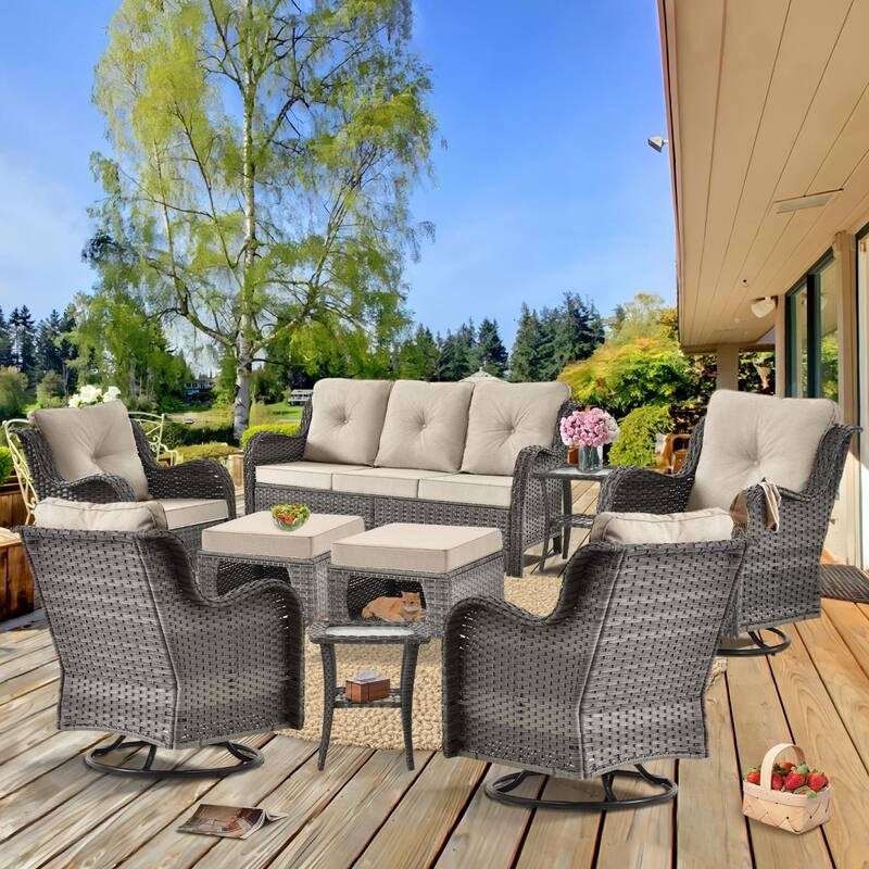 9 Pieces Outdoor Patio Furniture Set Wicker Swivel Chair with Ottoman - Beige Cushion-Gray Wicker