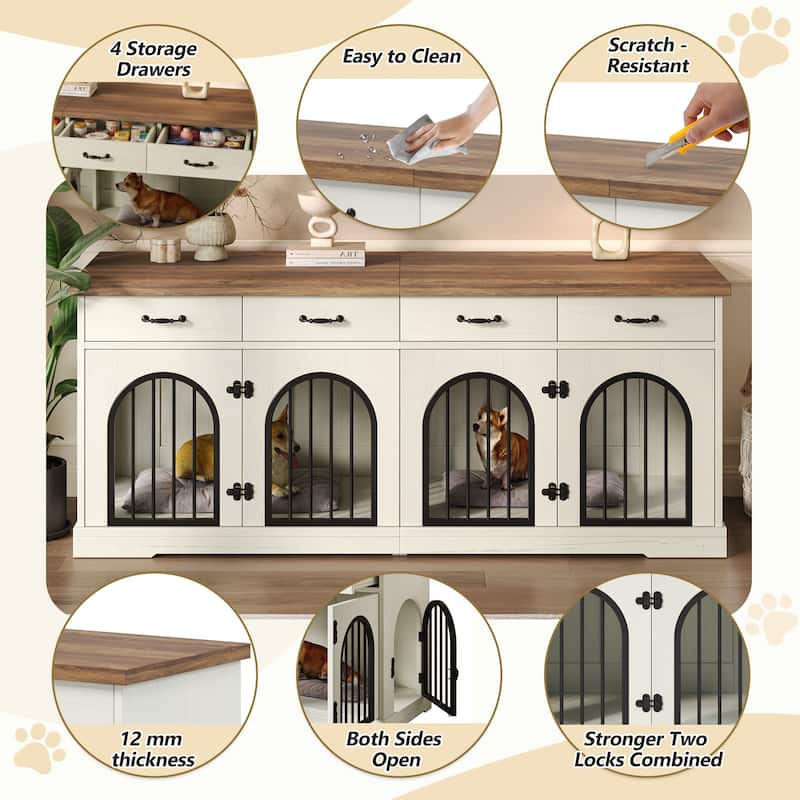 70.8" Large Dog Crate Furniture for 2 Dogs, Dog Kennel Indoor with Door and 4 Drawers, End Table, TV Stand for Medium Small Dogs