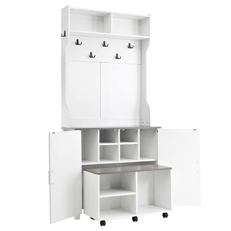 Entryway Storage Bench Hall Tree with Removable Bench & Rolling Seat, Coat Rack with Barn Door Cabinet & Shoe Cubbies