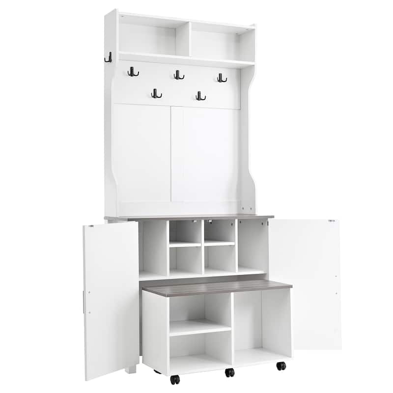 Roomfitters Farmhouse 4-in-1 Hall Tree with Barn Doors, Movable Bench with Shoe Storage and 7 Hooks, with Wheels