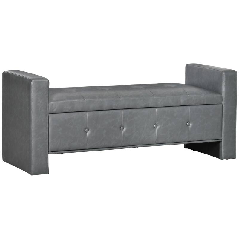 HOMCOM Rectangular Storage Ottoman Bench, Button Tufted Faux Leather Upholstered Footstool with Soft Closing Hinged Lid