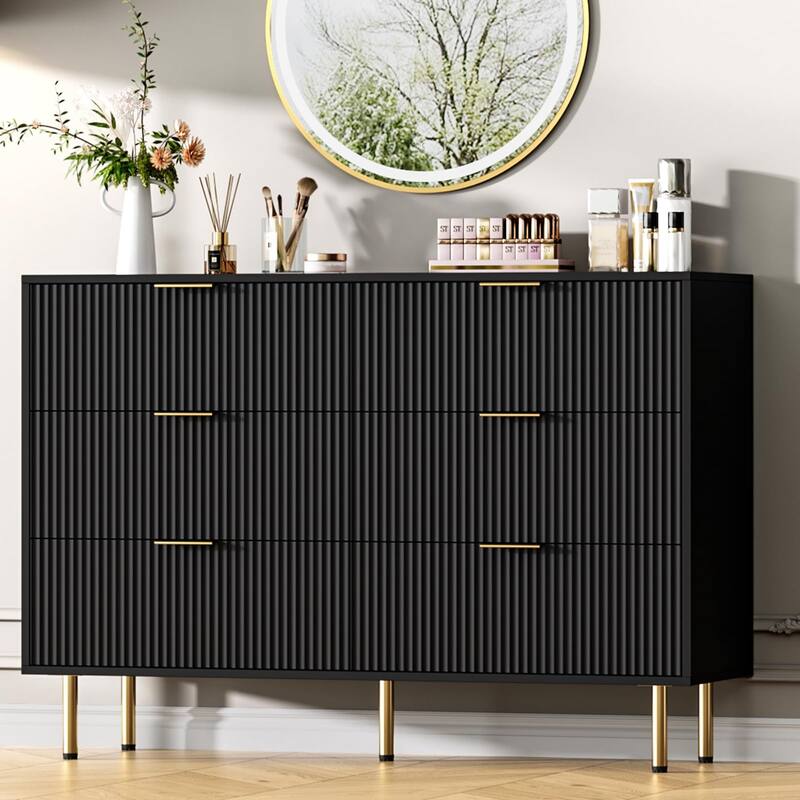 6 Drawer Fluted Dresser for Bedroom, Modern Wooden Storage Chest with Gold Handles - Black