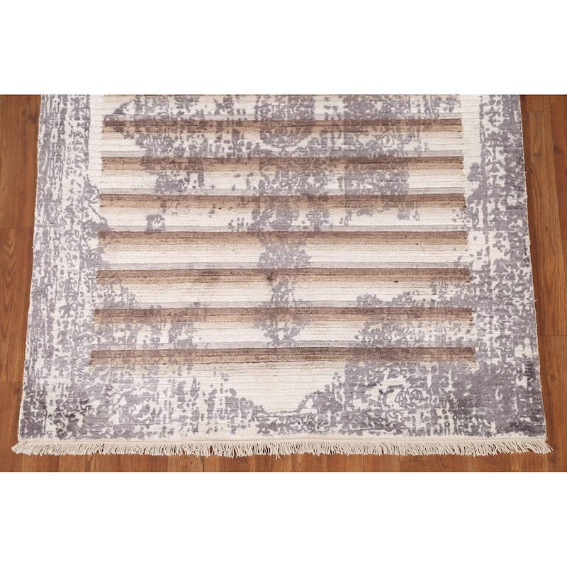 Striped Abstract Area Rug Handmade Oriental Wool Carpet - 4'0"x 5'9"