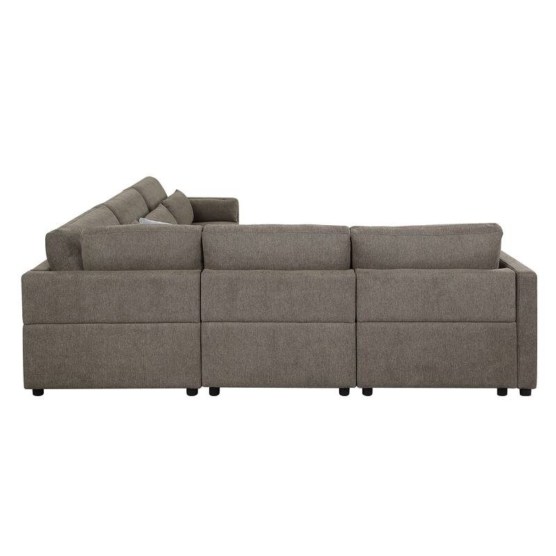 5Pcs Brown Linen Modular Sofa with Pillows, 39x111x34 inches, 281 lbs