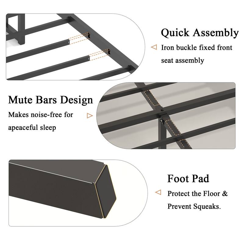 Roomfitters Metal Bed Frame with Storage Headboard, Charging Station, No Box Spring Needed, Easy Assembly, Grey