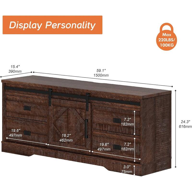 WAMPAT Farmhouse TV Stand with Sliding Barn Door for Living Room