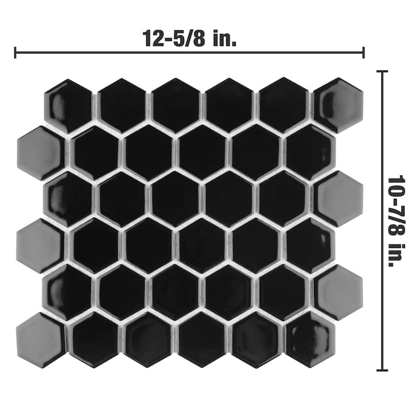 Merola Tile Hudson Due 2" Hex Glossy Black 10-7/8" x 12-5/8" Porcelain Mosaic Floor and Wall Tile