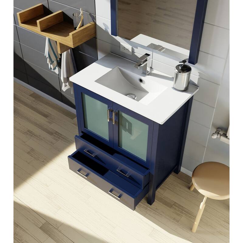 Bathroom Vanity with Ceramic Top, 28" x 32" Mirror, Soft Close Cabinet & Drawers, Scratch & Stain Resistant