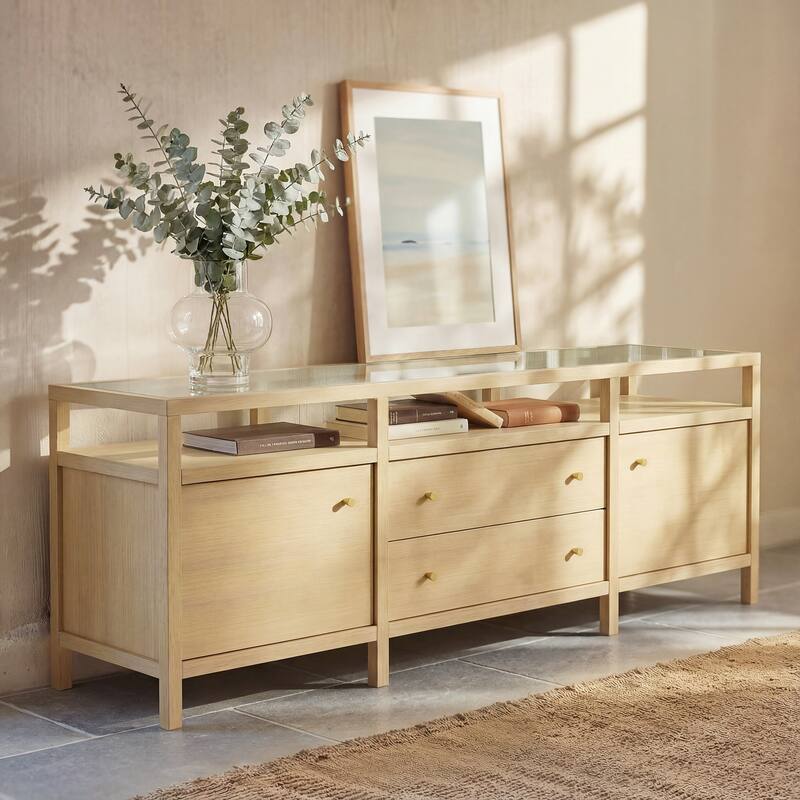 78.7" Solid Wood Sideboard with Tempered Glass Top, Modern Light Oak Buffet Cabinet Console Storage Cabinet