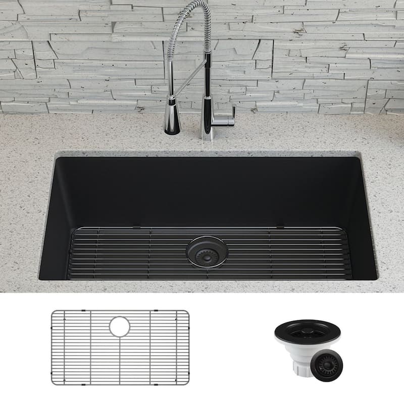 Lexicon Drop-In Quartz 32 Inch Single Bowl Kitchen Sink Kit - Galaxy Black