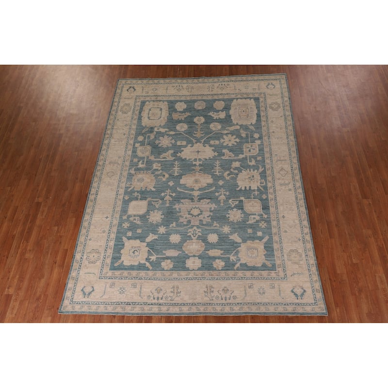 Teal Blue Vegetable Dye Oushak Turkish Rug Hand-Knotted Wool Carpet - 7'10" x 10'6"