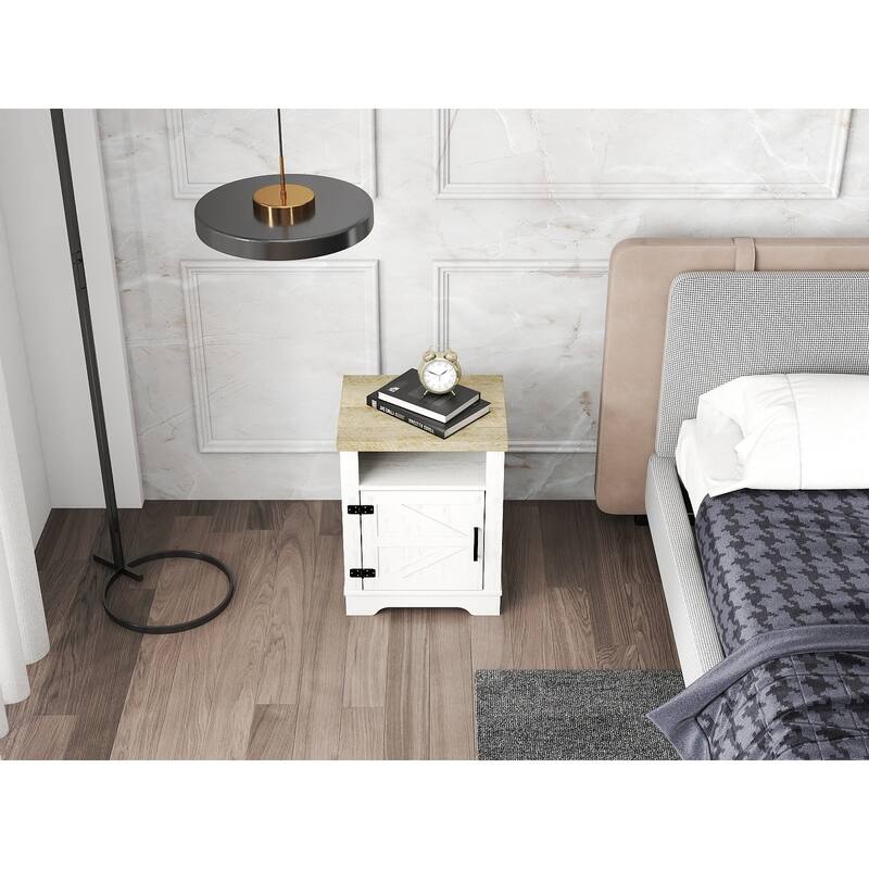 Farmhouse Nightstand, Modern Bedside Table with Barn Door and Shelf, Rustic End Table Side Table for Bedroom, Living Room