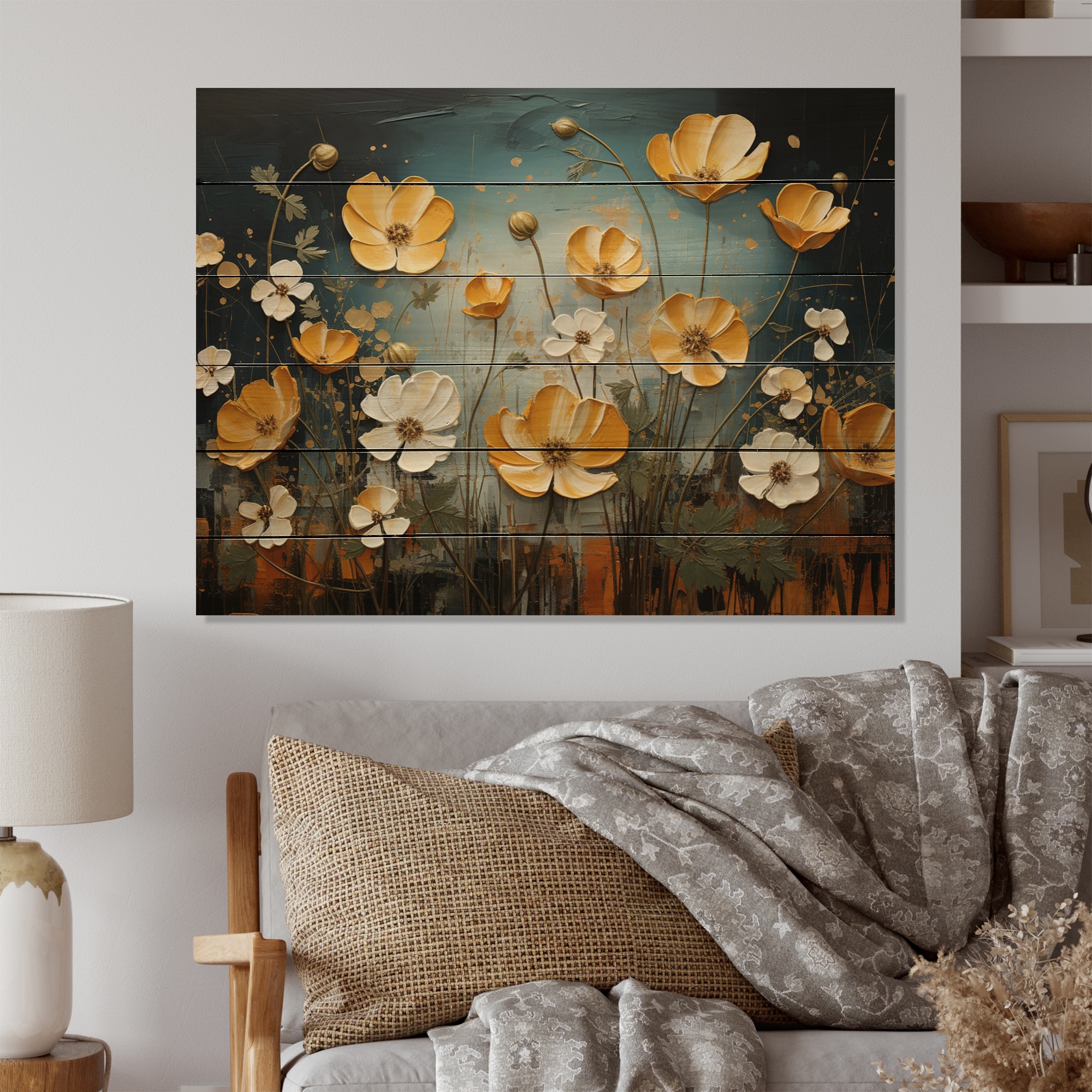 Designart Yellow Blue Buttercups Golden Glow Patchwork II Floral Print on Natural Pine Wood Bed Bath Beyond 39286754