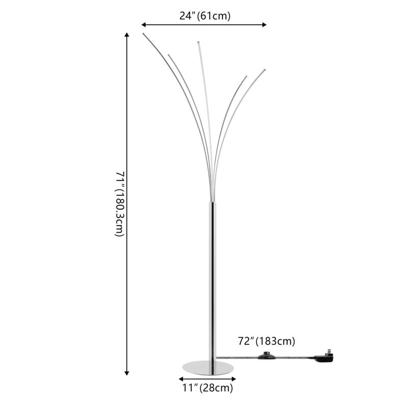 Dante 71" Modern Minimalist Metal 5-Branch Arc Dimmable Integrated LED Floor Lamp with Remote Control, Chrome, by JONATHAN Y