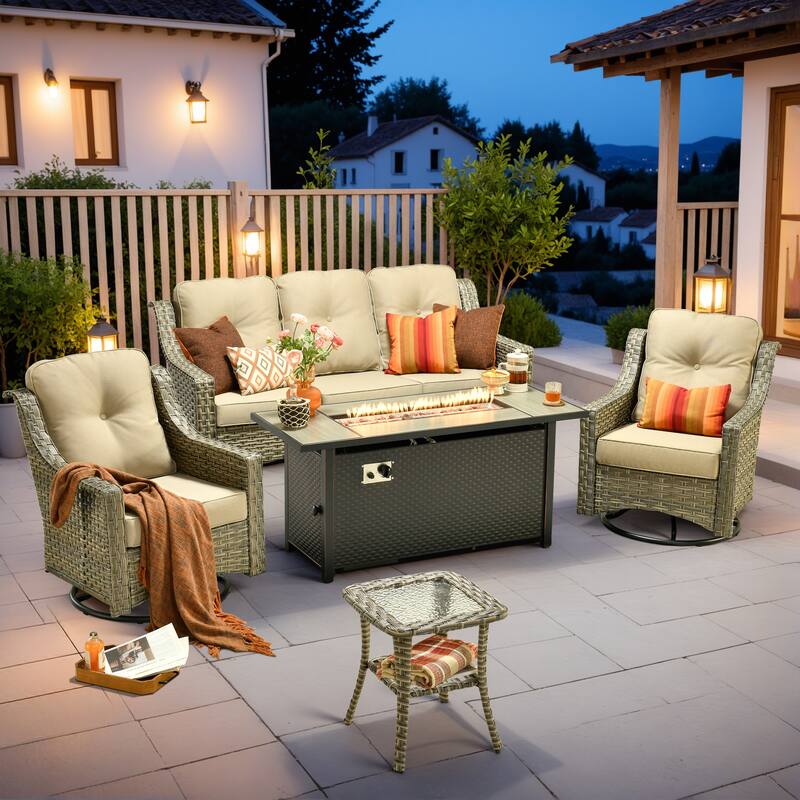 XIZZI 5-Piece Wicker Patio Furniture Set with Sofa, Swivel Chairs & Fire Pit - Beige
