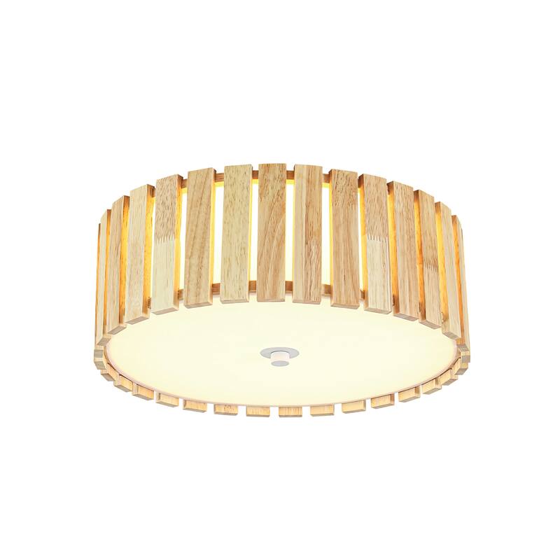 14.2" Rustic Boho Wooden Strips Cylindrical Drum Shade LED Flush Mount Ceiling Light for Living Room