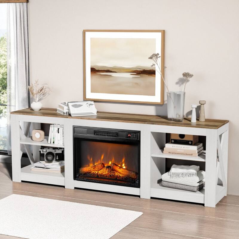 Farmhouse 70'' TV Stand For Tvs Up To 70'' With 23'' Electric Fireplace and Adjustable Shelves - White&Brown