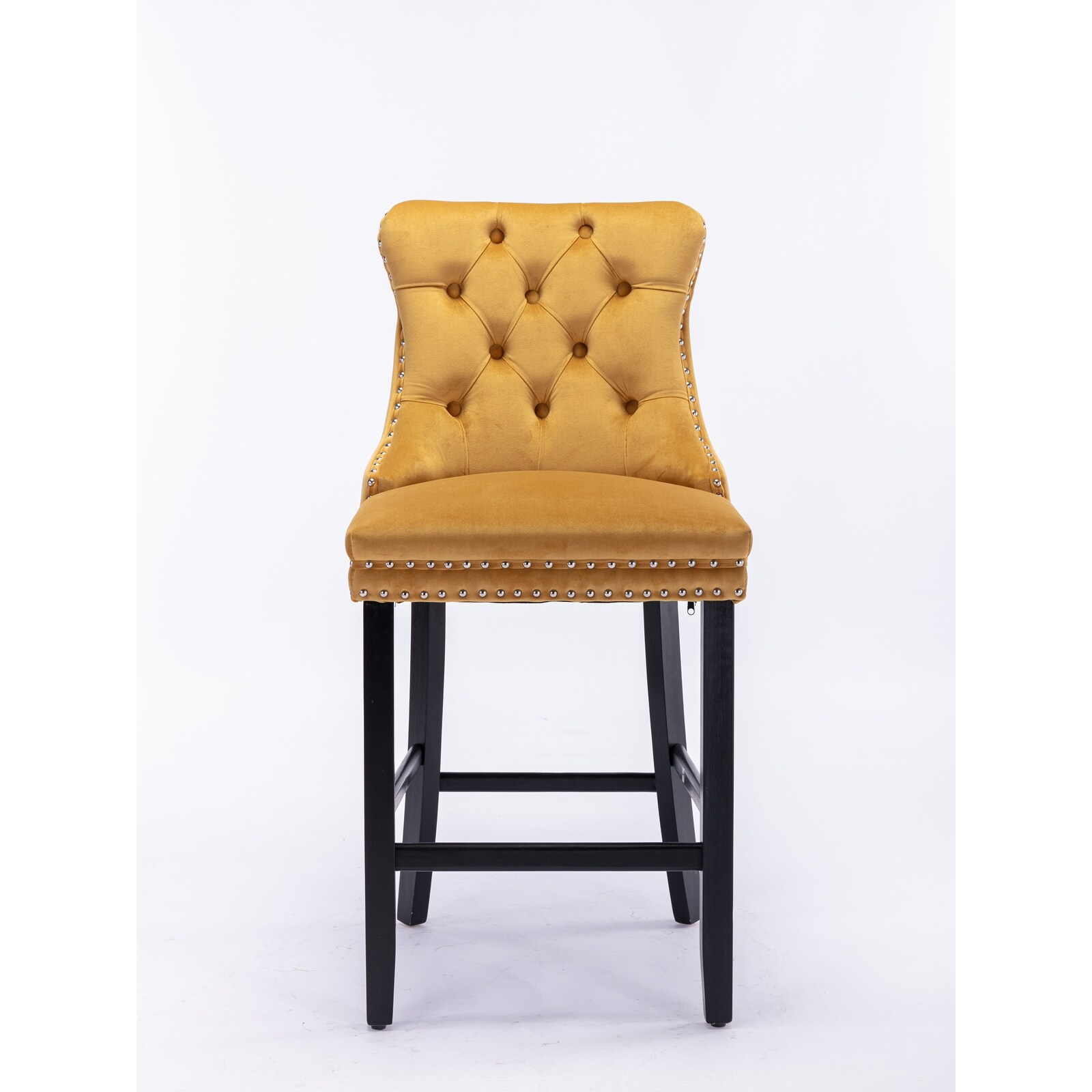 Contemporary Velvet Upholstered Barstools with Button Tufted Decoration and Wooden Legs, and Chrome Nailhead Trim