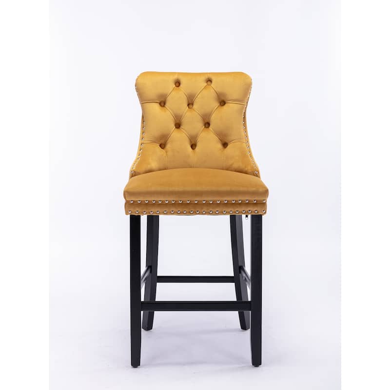 Velvet Bar Chairs Set of 2, Counter Height Bar Stools with Button Decor and Nailhead Trim, Dining Room Chairs with Back