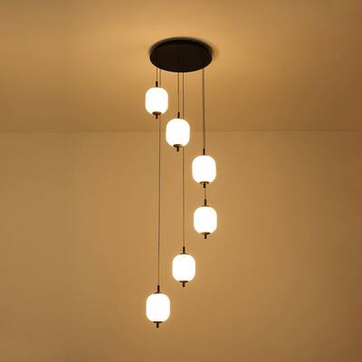 Modern 6-Light Meteor-Style Dimmable LED Pendant with Ribbed Acrylic Shade - Matte Black
