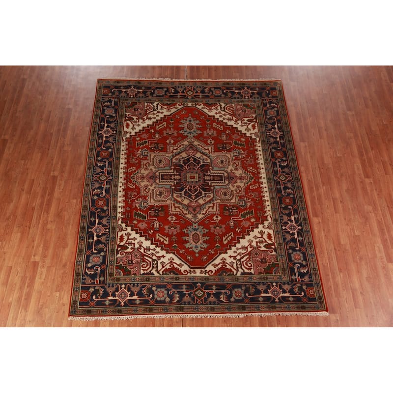 Hand Knotted Oriental 100% Wool Carpet Traditional Medallion Oranges & Rust Heriz (serapi) Area Rug - 9' 10'' X 8' 0''