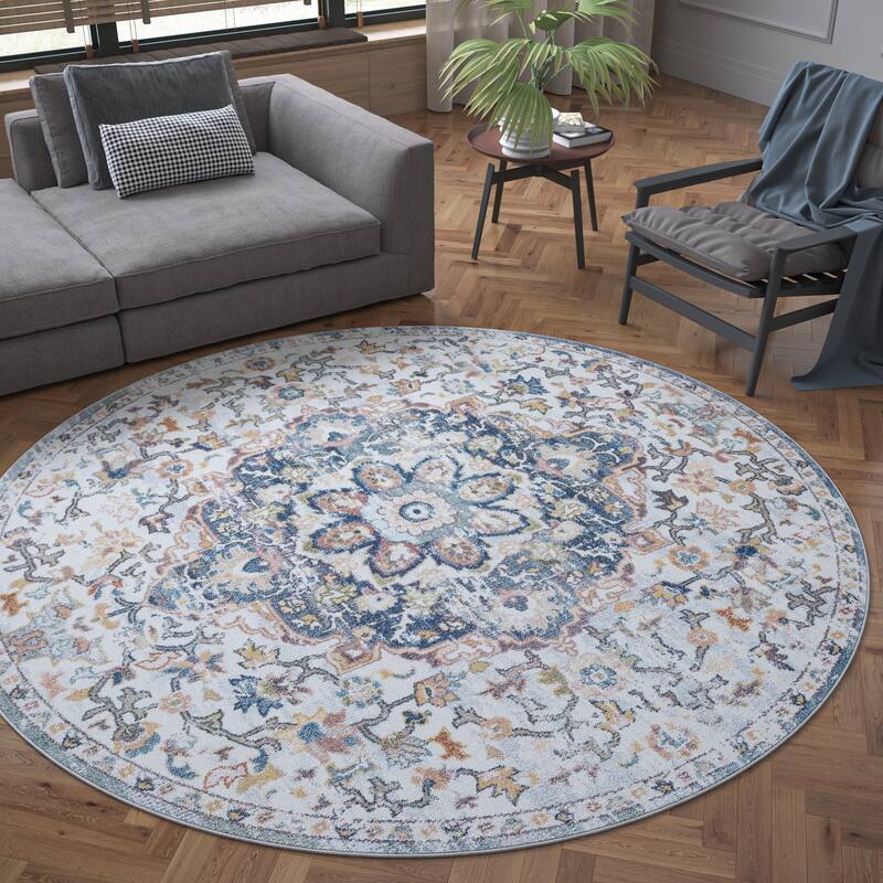 Rayna Farmhouse Medallion Indoor Area Rug - 5'3'' Round - Cream