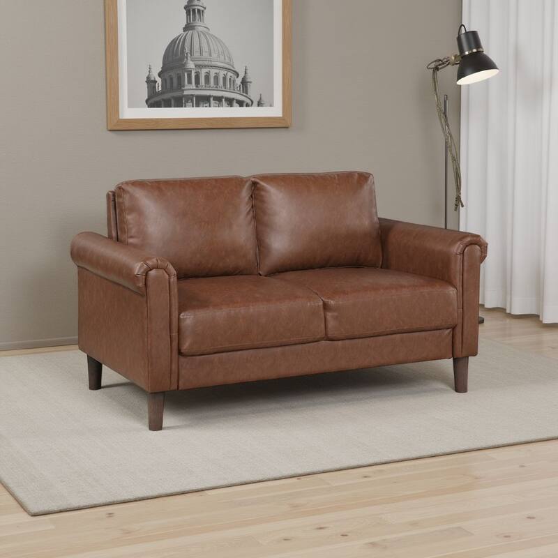 Lo Loveseat w Rolled Arms, Mid Century Dark Brown Faux Leather 57 Inch