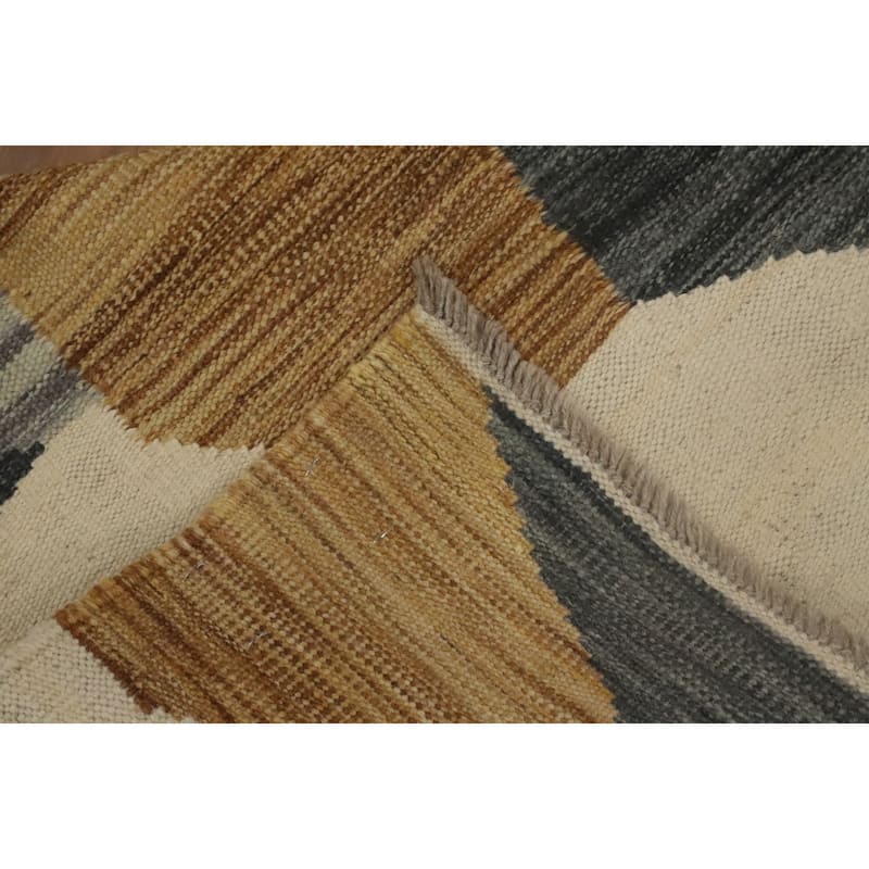 Hand Woven Oriental 100% Wool Carpet Southwestern Modern Beige & Ivories Kilim Runner Rug - 11' 6'' X 2' 8''
