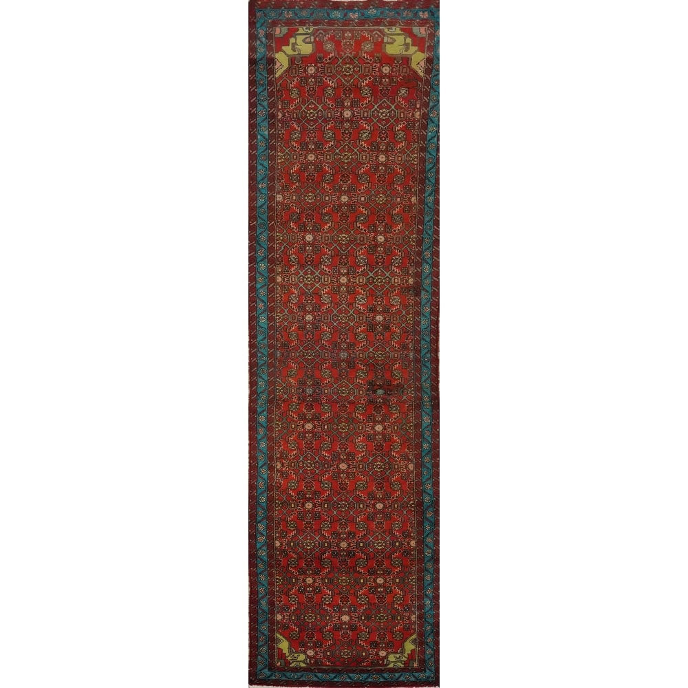 Hand Knotted Oriental 100% Wool Carpet Traditional Geometric Red Ardebil Runner Rug - 11' 3'' X 2' 8''