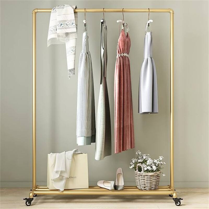 Industrial Clothing Rack on Wheels - ‎47.24L x 13.3W x 63H - ‎47.24L x 13.3W x 63H - Gold