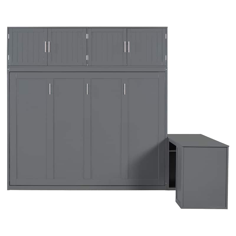 Queen Size Murphy Bed with Storage Shelves and 2 Storage Cabinets, Wooden Foldable Wall Bed Frame with Desk & Hydraulic Lift
