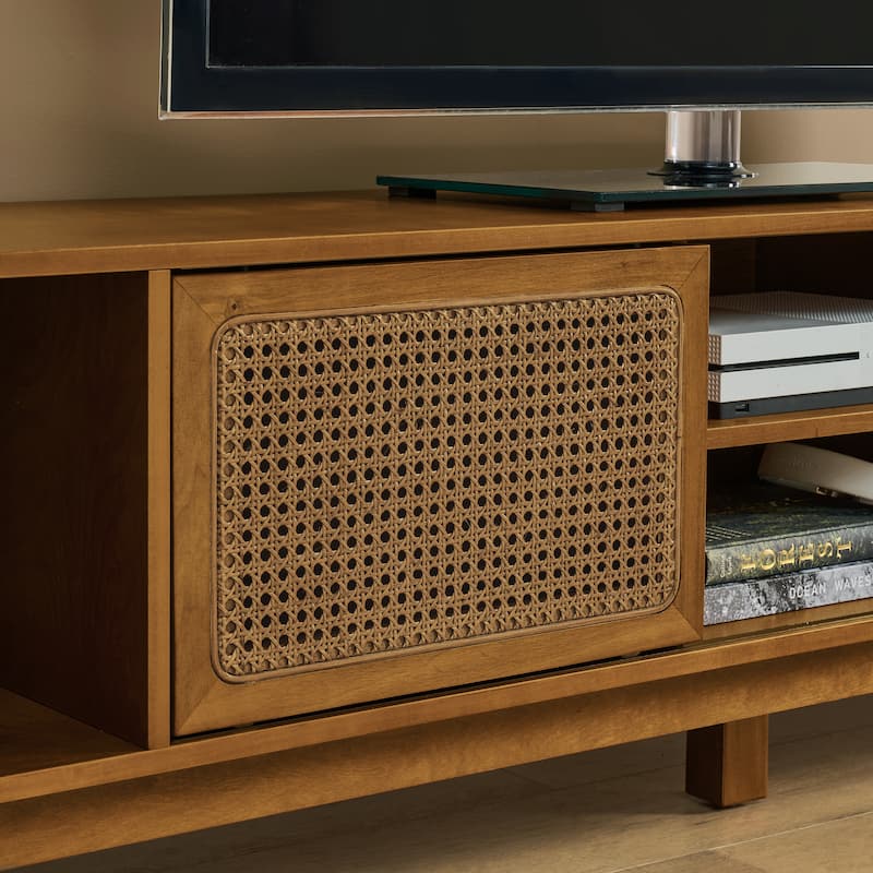 67.9 Inch Modern Rattan TV Stand for TVs up to 75", Entertainment Cabinet, Media Console,Solid Wood Feet & Rattan Cabinet Doors