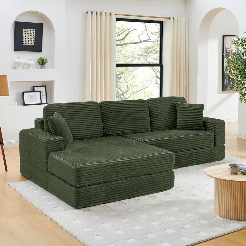 112.6" Corduroy L-Shaped Modular Sectional Sofa with Sleeper (Left) - Green
