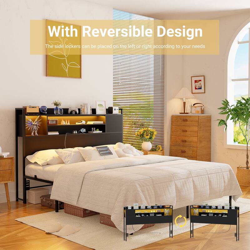 Storage Headboards with Power Outlet and LED Light, Head board with Storage Shelves for Bed Frame