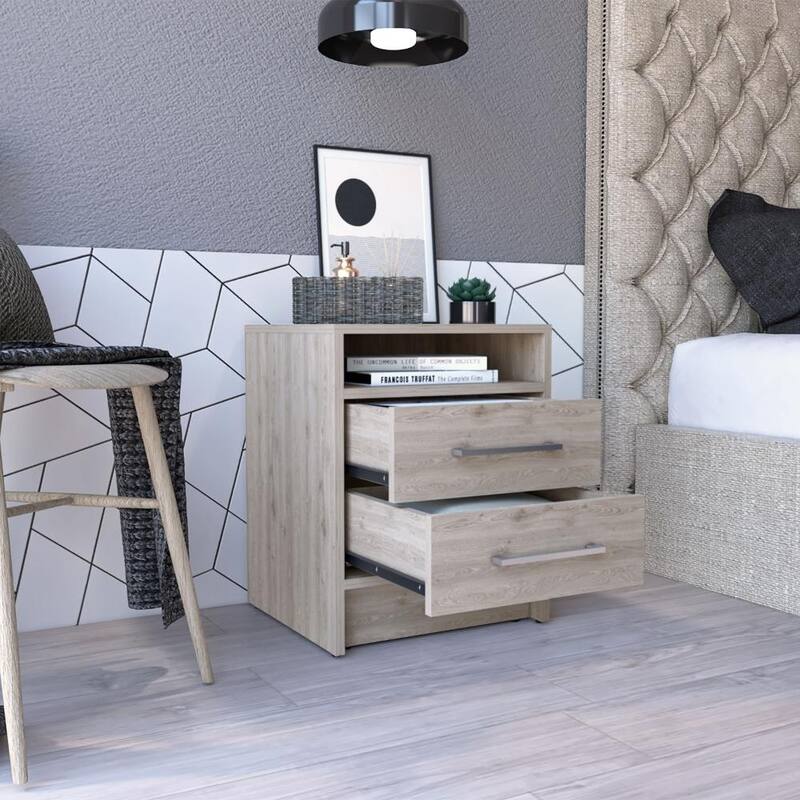 Light Gray Nightstand with Two Drawers and Open Shelf, Metal Handles