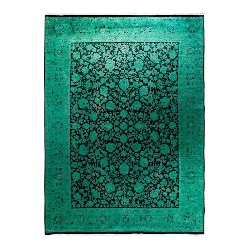 Overton Hand Knotted Wool Vintage Inspired Modern Contemporary Overdyed Green Area Rug - 9' 0" x 12' 1"